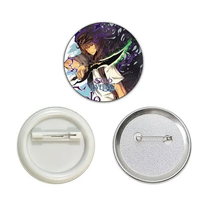 Circular handmade round brooch featuring solo leveling sung jin-woo with long dark hair and green sword on purple background