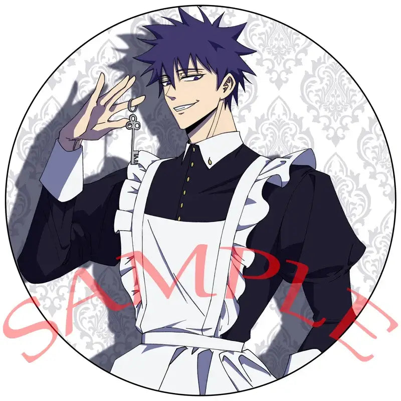 Solo leveling sung jin-woo handmade round brooch featuring an anime character with spiky dark blue hair in maid outfit