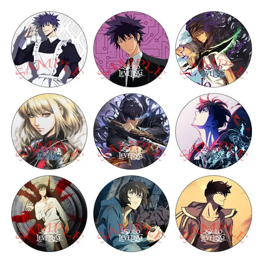 Set of nine solo leveling sung vibrant handmade round brooch anime character pin badges with glossy surfaces