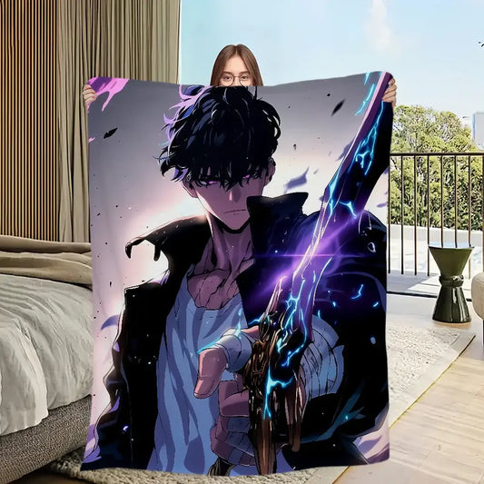 Solo leveling sung jin-woo plush blanket soft flannel features dark hair anime character with blue lightning sword effects