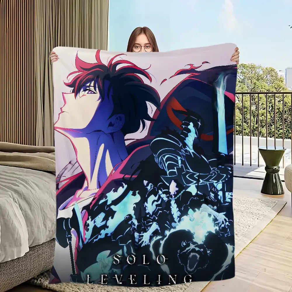 Soft flannel solo leveling sung jin-woo plush blanket with vibrant blue purple and red anime illustration