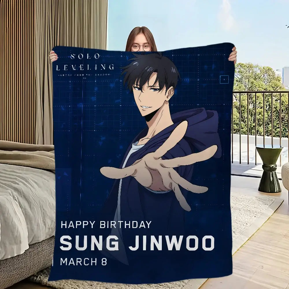 Navy blue solo leveling sung jin-woo plush blanket made of soft flannel with happy birthday text for march 8