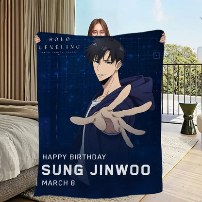 Navy blue solo leveling sung jin-woo plush blanket made of soft flannel with happy birthday text for march 8