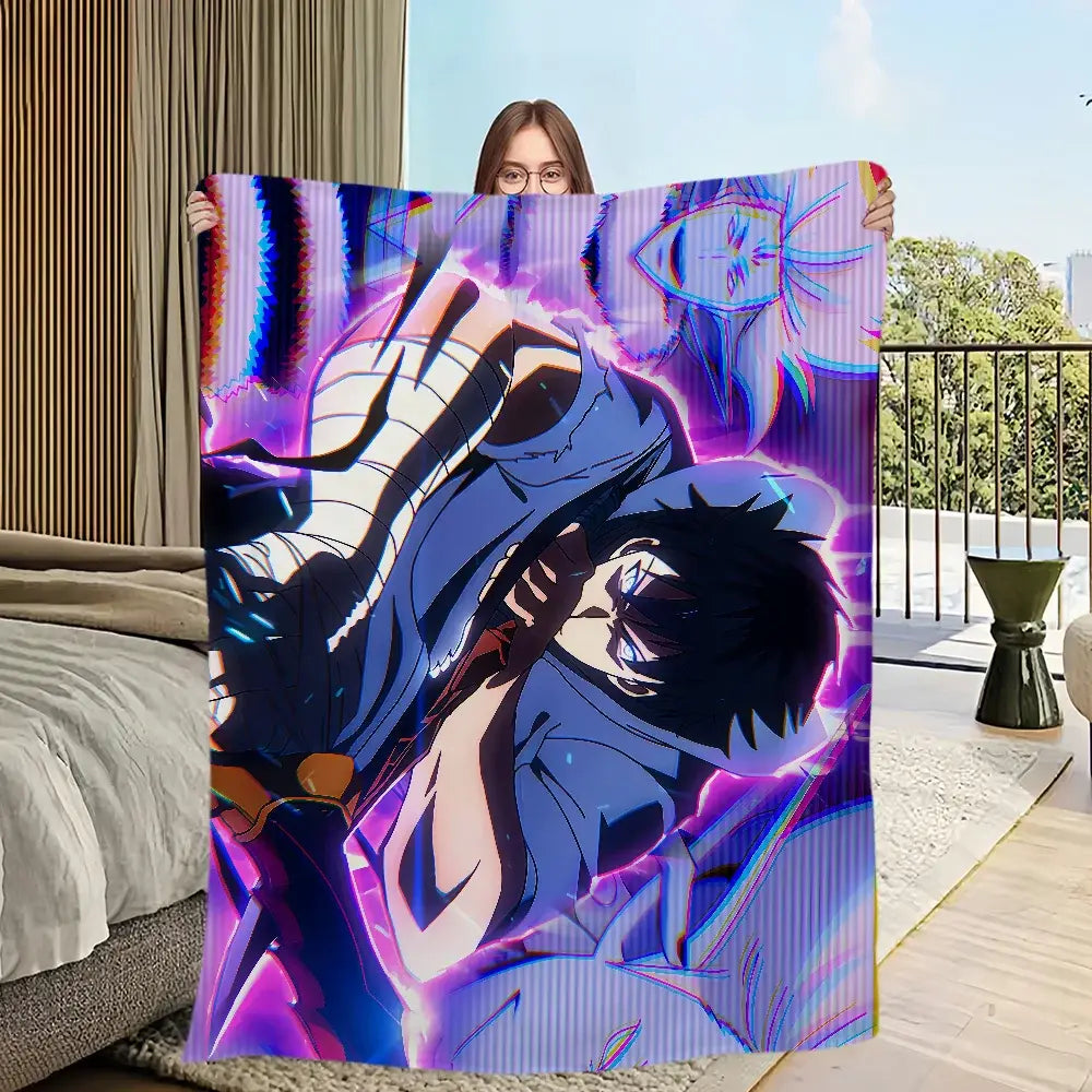 Solo leveling sung jin-woo plush blanket in vibrant purple and blue soft flannel with glowing anime character design