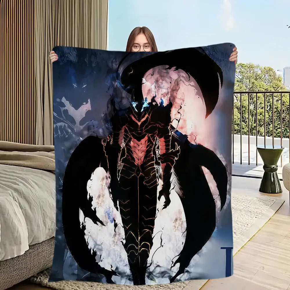 Solo leveling sung jin-woo plush blanket in dark blue soft flannel with detailed anime character and glowing red accents