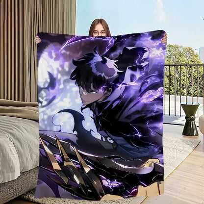 Purple and black solo leveling plush blanket with soft flannel fabric featuring dynamic lightning character design