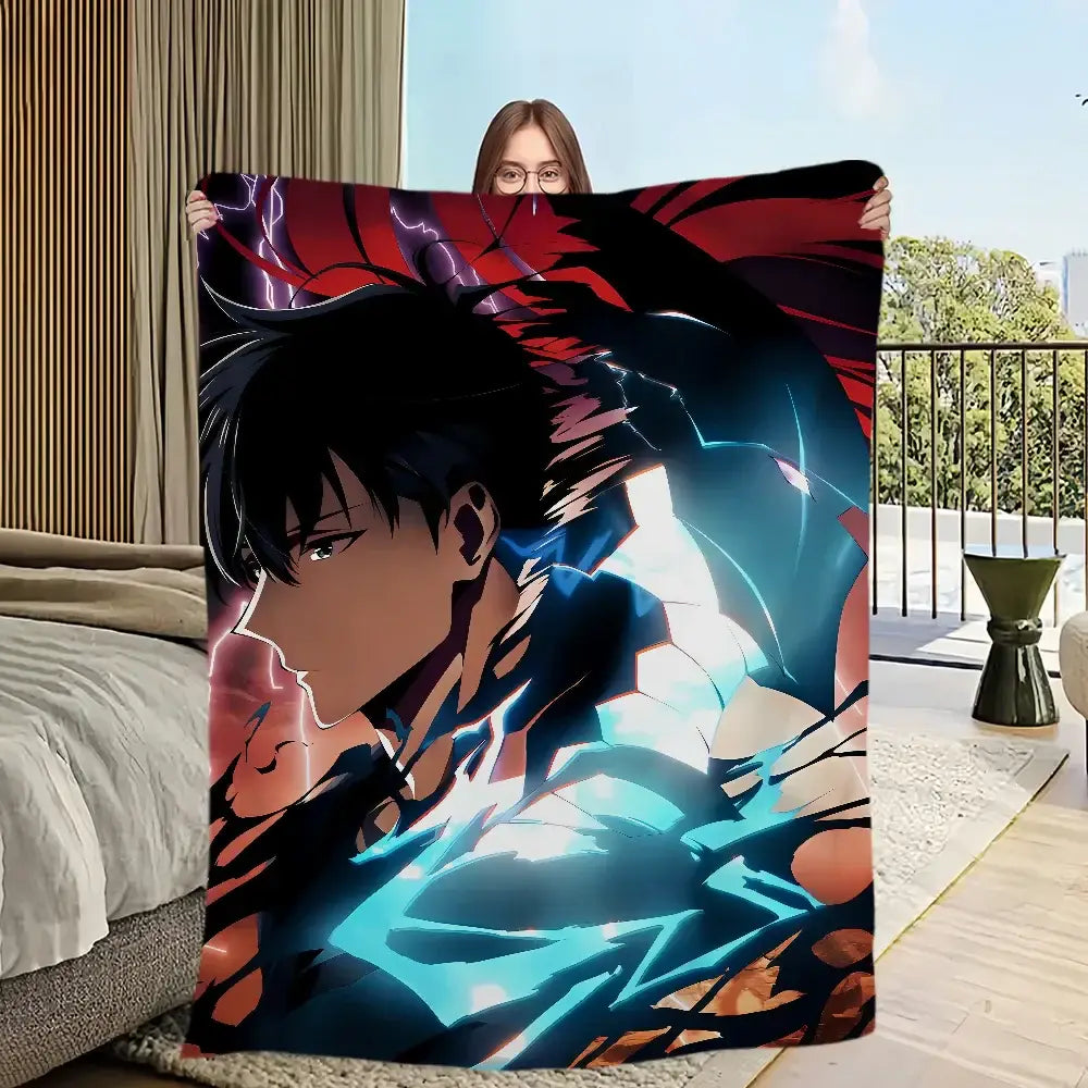A soft flannel solo leveling plush blanket featuring sung jin-woo with black hair and glowing blue energy effects