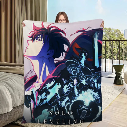 Solo leveling sung jin-woo plush blanket soft flannel with vibrant anime design in blues purples and fiery red accents