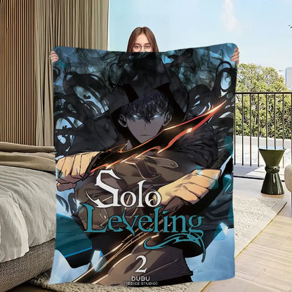 Soft flannel solo leveling plush blanket featuring sung jin-woo anime design in dark blue and black tones