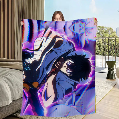 Solo leveling soft flannel plush blanket in vibrant purple and blue with glowing anime character design for warmth and comfort