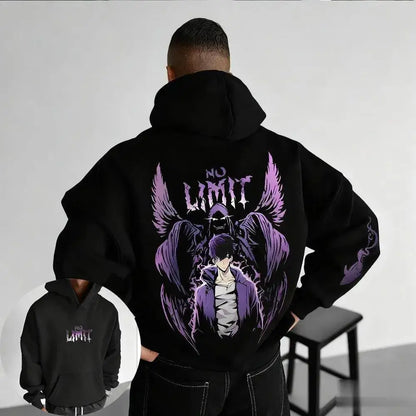 Black solo leveling hoodie featuring bold purple anime graphic with wings and no limit text unisex casual pullover