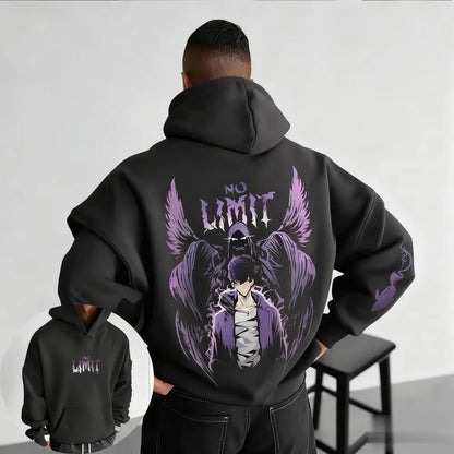 Black solo leveling hoodie with bold purple anime graphic and no limit text on the back for casual wear