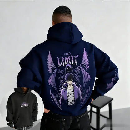 Navy blue solo leveling pullover hoodie with purple winged anime character and no limit text on the back side