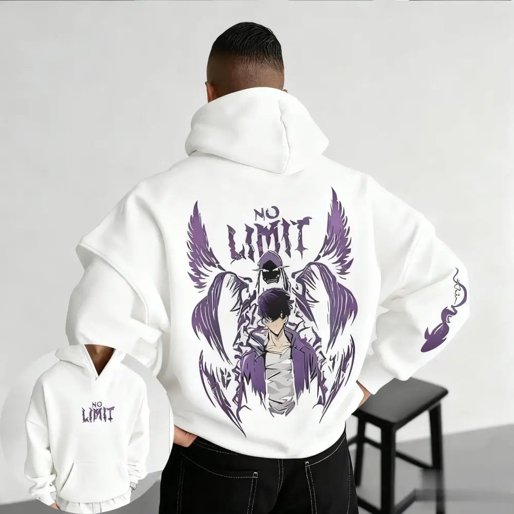 Back of a white solo leveling hoodie featuring a bold purple anime graphic with wings and no limit text