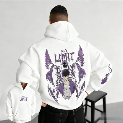 Back of a white solo leveling hoodie featuring a bold purple anime graphic with wings and no limit text