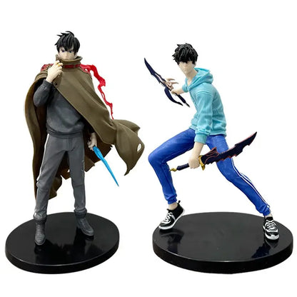 Solo leveling sung jin-woo pvc action figure set with durable brown and blue detailed anime figurines holding swords