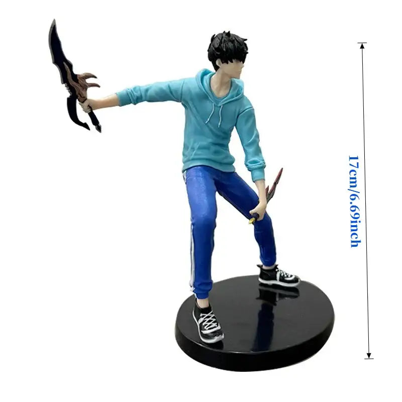 Solo leveling sung jin-woo 17cm durable pvc action figure in light blue hoodie holding two weapons with black and brown details