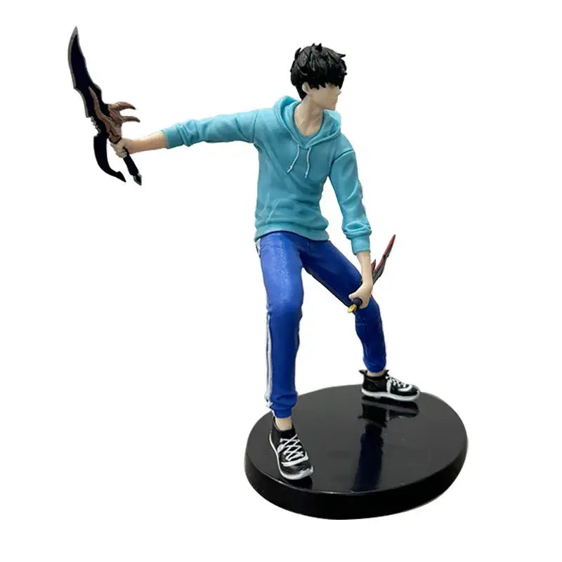 Solo leveling sung jin-woo durable pvc anime figure in blue hoodie and pants holding two swords on black circular base