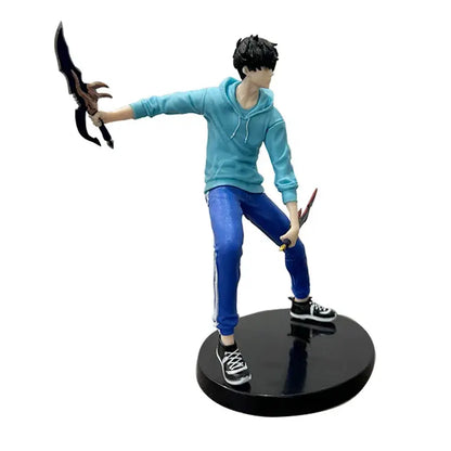 Solo leveling sung jin-woo durable pvc anime figure in blue hoodie and pants holding two swords on black circular base