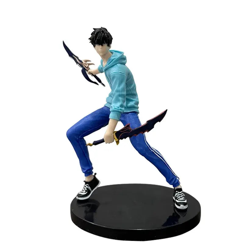 Solo leveling sung jin-woo pvc action figure in blue hoodie and pants holding two black swords on black base