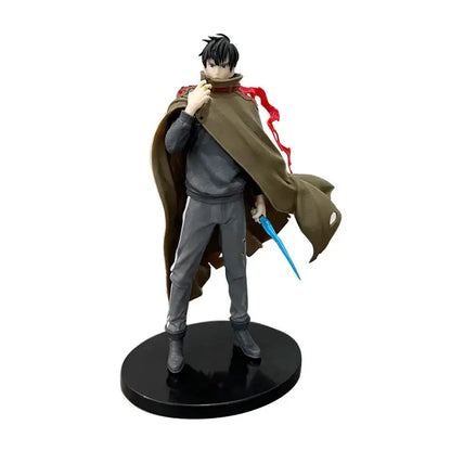 Detailed solo leveling sung jin-woo pvc action figure with black hair, brown cape, gray outfit, and blue sword, durable pvc