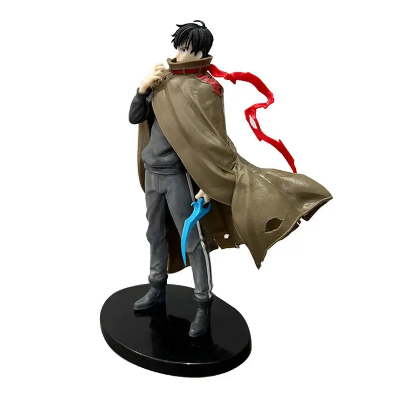 Detailed solo leveling sung jin-woo pvc action figure with black hair tan coat gray pants and blue blade durable pvc material