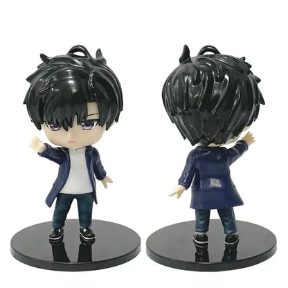 Black-haired sung jin woo chibi pvc figure with purple eyes wearing navy coat and dark pants 10cm animated edition