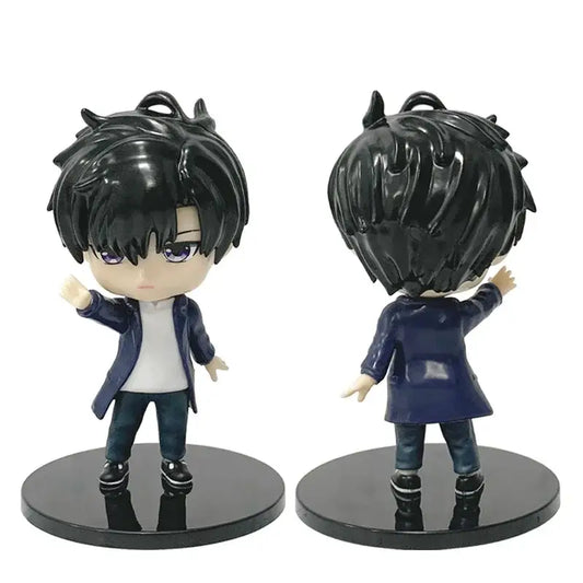Black-haired sung jin woo chibi pvc figure with purple eyes wearing navy coat and dark pants 10cm animated edition