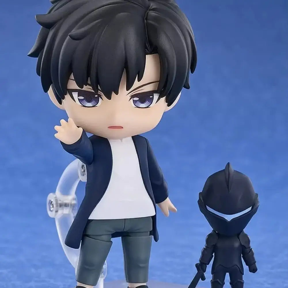 Solo leveling sung jin woo pvc figure 10cm with black hair purple eyes navy blue jacket white shirt and gray pants