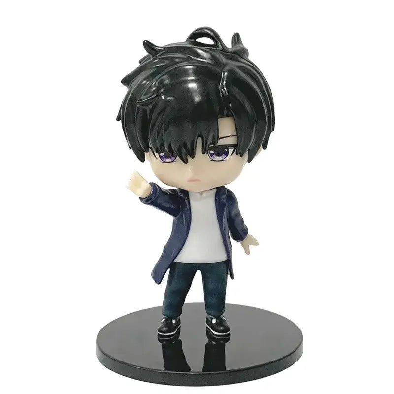 Solo leveling sung jin woo pvc figure 10cm with black hair purple eyes navy blue coat and dark pants