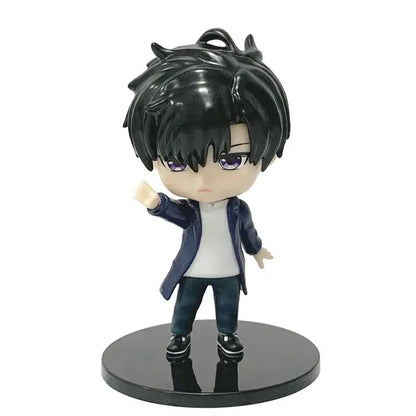 Solo leveling sung jin woo pvc figure 10cm with black hair purple eyes navy blue coat battle scene pose