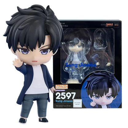 Solo leveling sung jin woo pvc figure with black hair purple eyes wearing navy blue coat for 10cm battle scene display