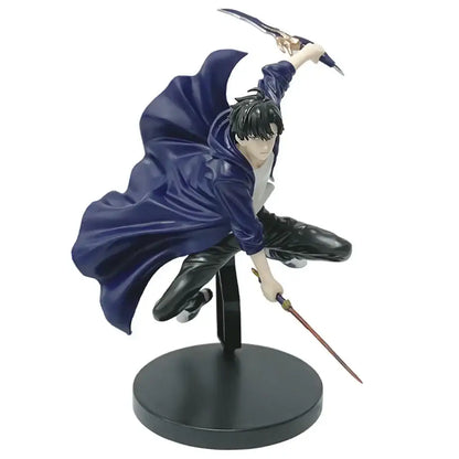 Solo leveling sung jin-woo battle version 18cm pvc figure in deep blue coat wielding two swords on circular base