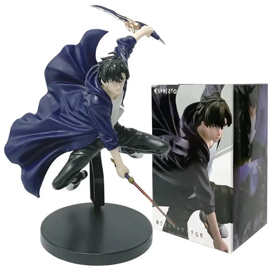 Blue and black solo leveling sung jin-woo pvc figure with flowing cape holding two swords in dynamic battle version pose