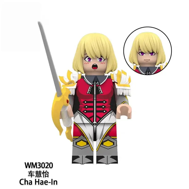 Solo leveling sung jin-woo high quality model pvc figure with red and white armor, blonde hair, purple eyes, and silver sword