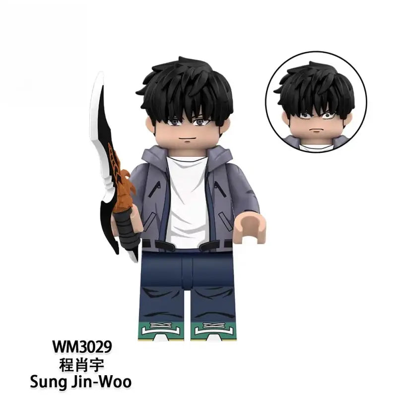 Solo leveling sung jin-woo high quality pvc figure with black hair gray jacket and ornate black and white blade
