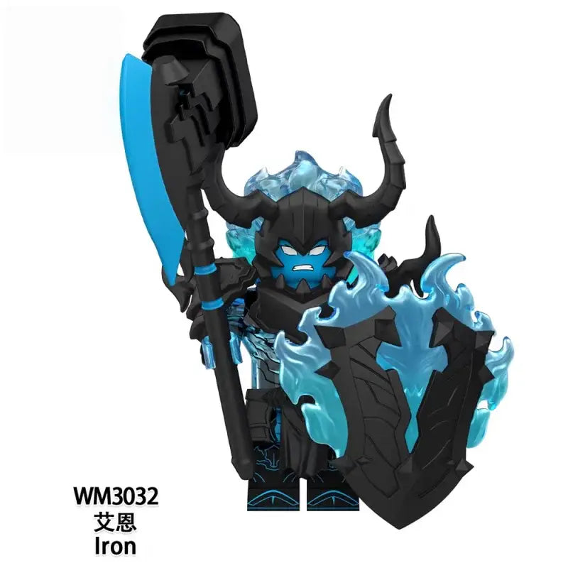 Solo leveling sung jin-woo black and blue ice-themed pvc figure with horns holding glowing blue axe and shield high quality model