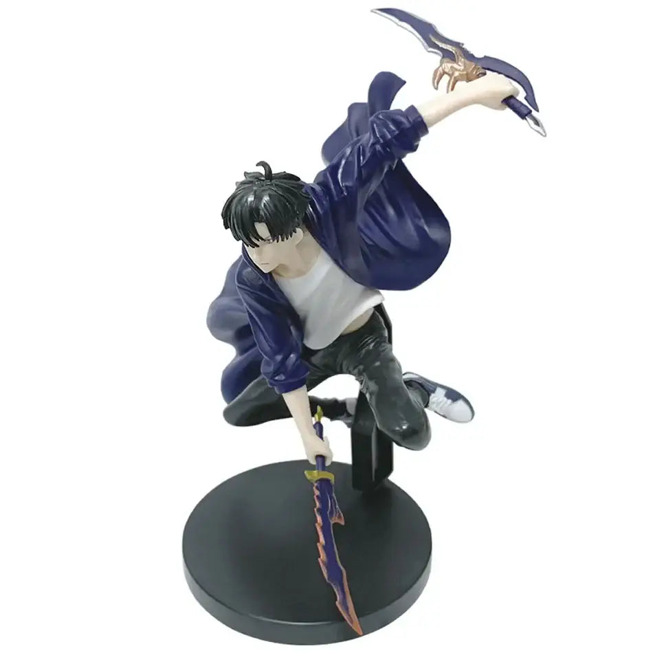 Solo leveling 18cm battle version pvc statue featuring high-quality premium figure with blue jacket and purple swords