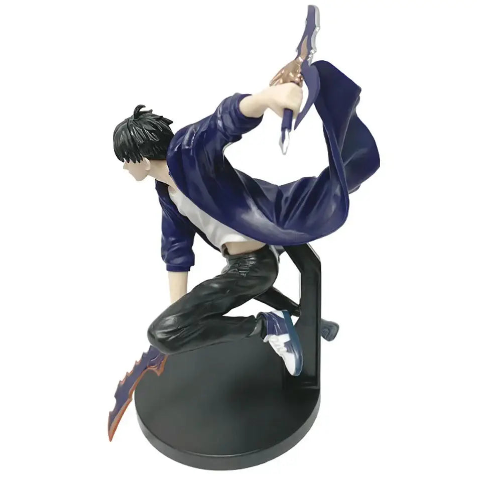 A dynamic solo leveling 18cm battle version pvc statue of sung jin-woo in navy jacket mid-leap holding a sword