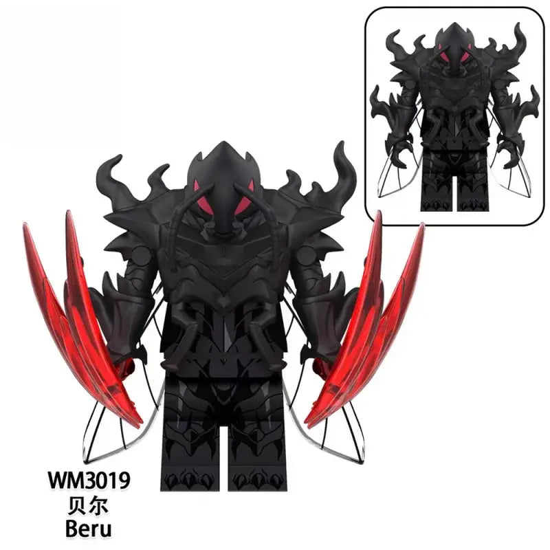 Black armored lego-style sung jin-woo pvc statue with red glowing eyes and translucent claw solo leveling high quality model