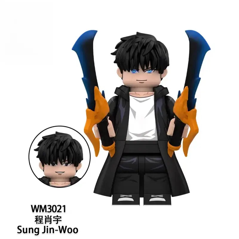 Black and white solo leveling sung jin-woo pvc statue holding two blue blades with orange flame-like handles high quality model