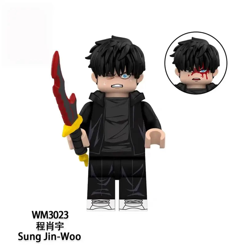 Black plastic solo leveling sung jin-woo pvc statue holding red and black sword with yellow hilt high quality model