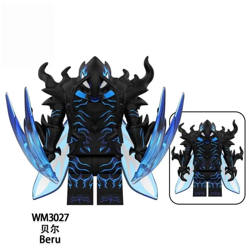 Black and blue armored beru collectible building block figure with glowing accents solo leveling high quality model statue