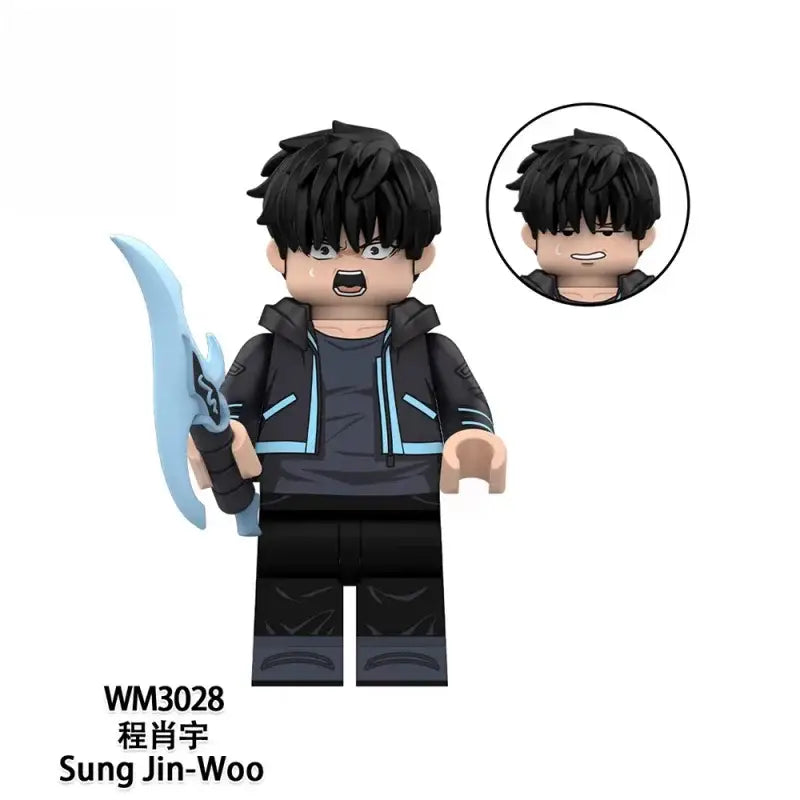 Solo leveling sung jin-woo pvc statue high quality model in black and light blue holding a translucent blue sword