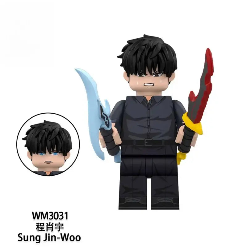 Black plastic solo leveling sung jin-woo pvc statue holding light blue and red-yellow swords, high quality model