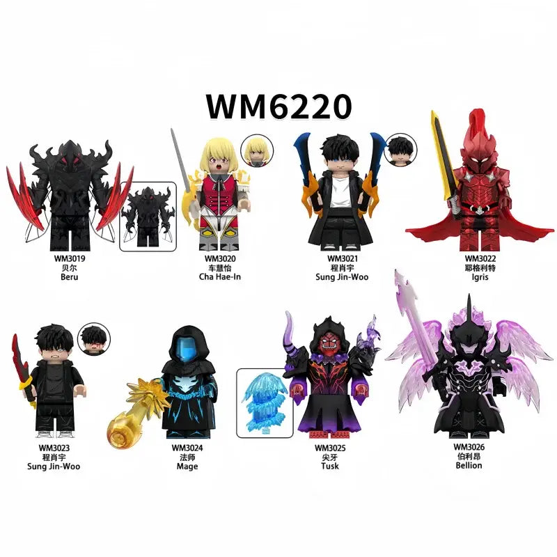 Set of eight interlocking solo leveling sung jin-woo high quality pvc figurines in various colors from wm6220 series
