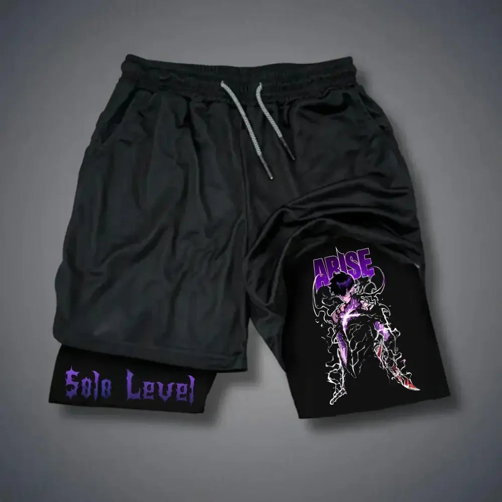 Black cotton solo leveling sung xl shorts with purple and white aris graphic and matching drawstrings
