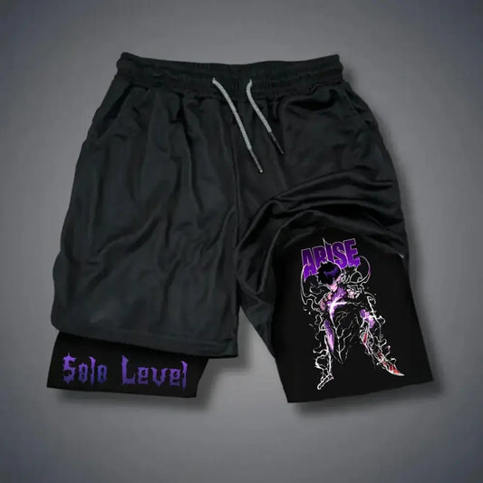 Black cotton solo leveling sung xl shorts with purple and white aris graphic and matching drawstrings