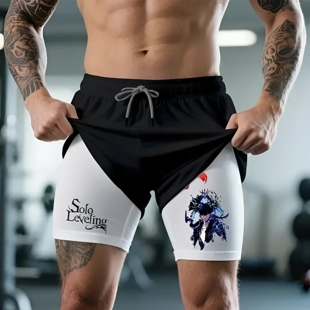 Solo leveling sung xl cotton athletic shorts in black and white with gray drawstring and anime print design