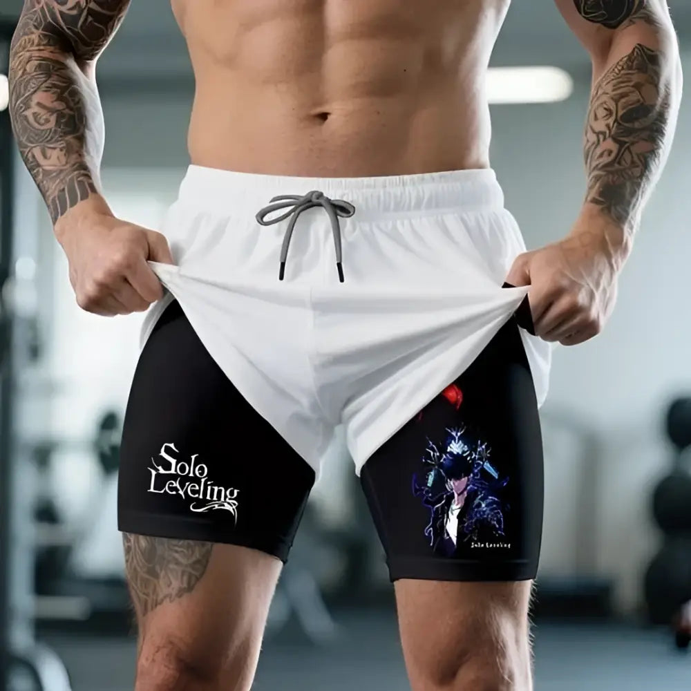 White and black cotton athletic shorts with solo leveling sung jin woo anime graphic design on the side xl size